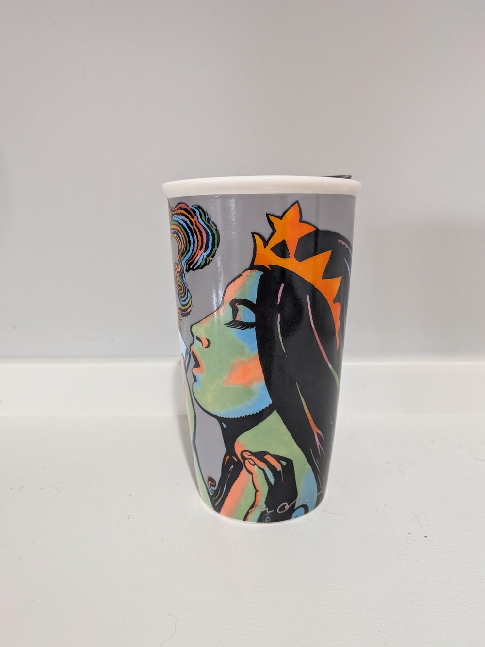 Starbucks Gray Travel Mug with Multicolor Crowned Woman Artwork